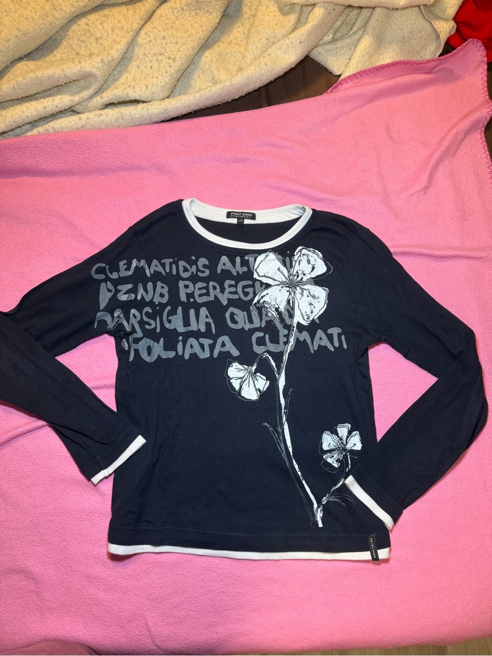 Point Zero Navy Long Sleeve Floral Graphic Tee with White Trim Accents